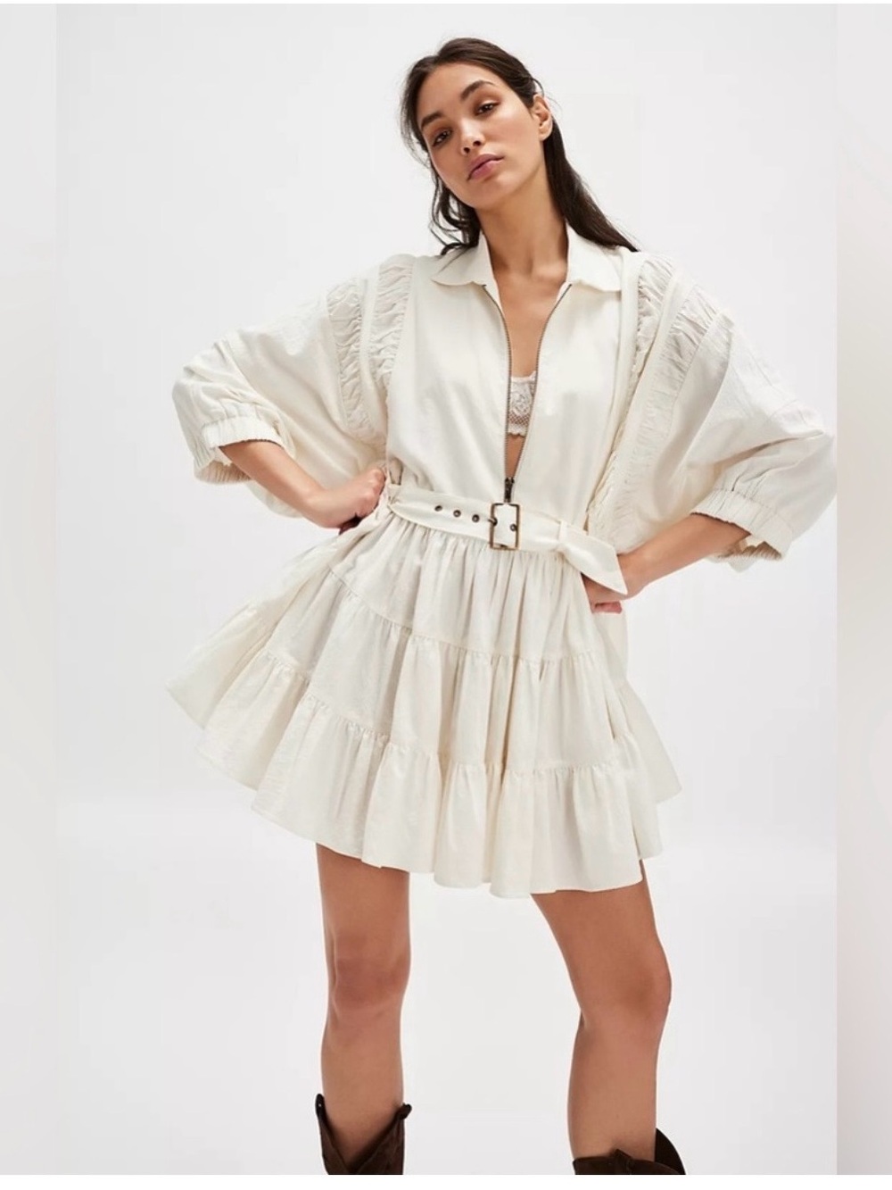 Free People Hampton Mini Dress Ivory White Cotton Tiered Belted Boho